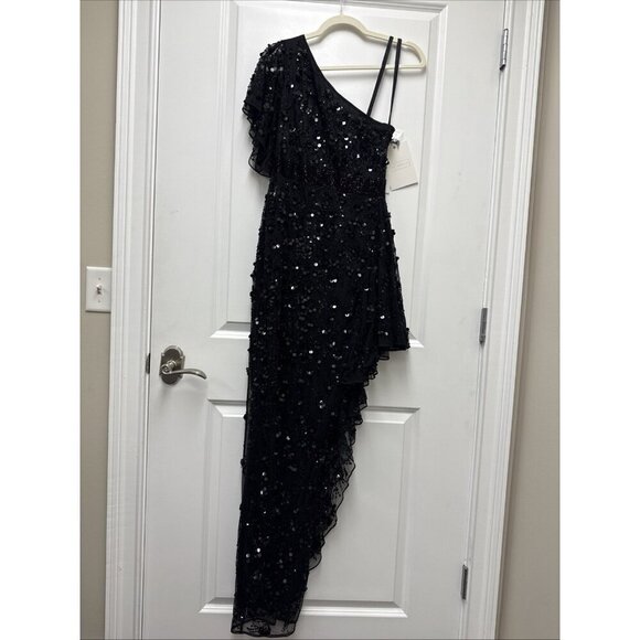 Mac Duggal Size 4 Black 93687 One Shoulder Beaded Asymmetrical Hem Gown Dress - Picture 4 of 12